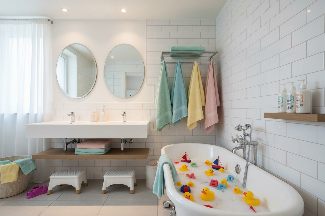 Family-Friendly Bathroom Design Using Bath Toys, Towels, and Shampoo & Conditioner