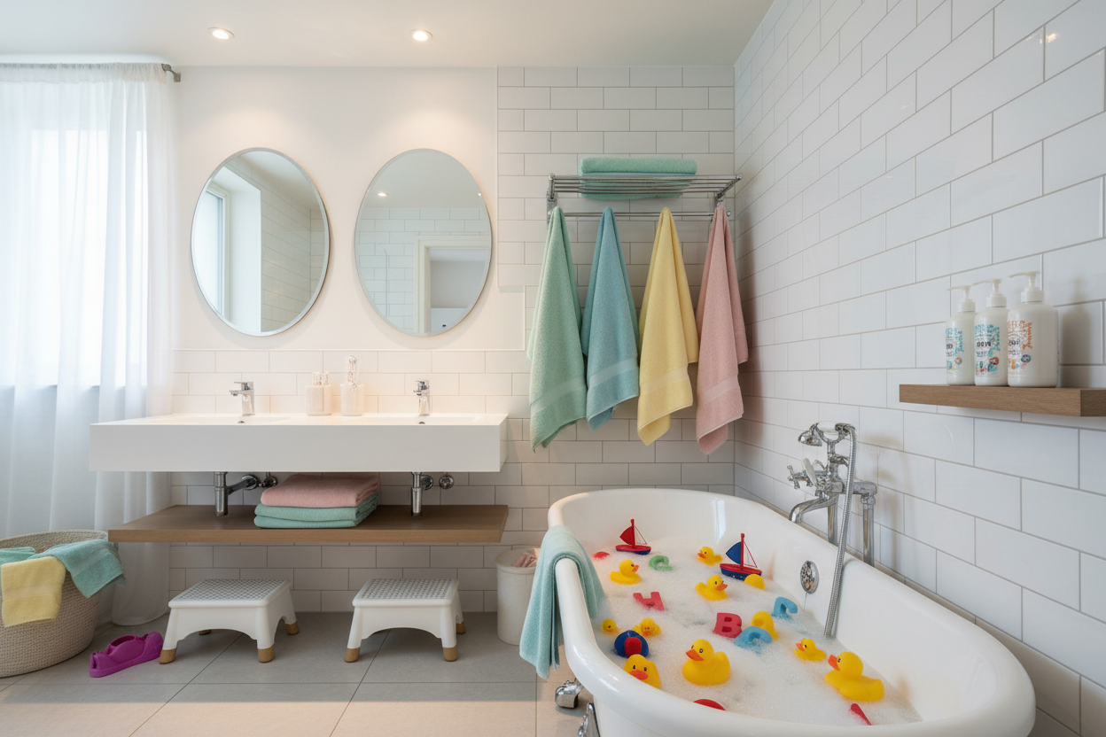 Family-Friendly Bathroom Design Using Bath Toys, Towels, and Shampoo & Conditioner