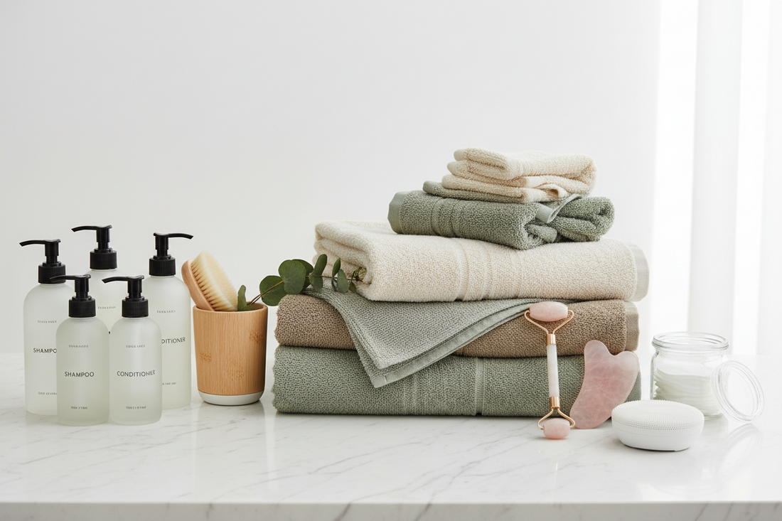Modern Bathroom Organization Using Bathroom Linen Sets, Personal Care Products, and Skin Care Tools