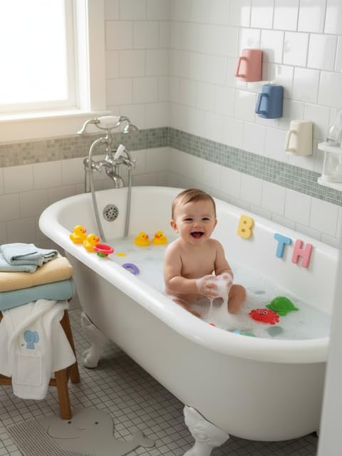 Rinzee® Baby Bath Cup with Suctions - BPA Free, 100% Food Grade Silicone Rinse Cup, Clutter-Free Tub Area, Kids Learning Tool, Sticks to Tiles, Drains Water Upside Down- Patent Pending