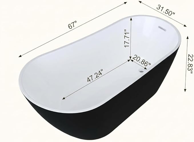 67" Deep Soaking Bathtub, Non-Slip Acrylic Tub with Chrome Drain, CUPC Certified, Ergonomic Modern Bath for Bathrooms, Easy-Install, Black Upturned