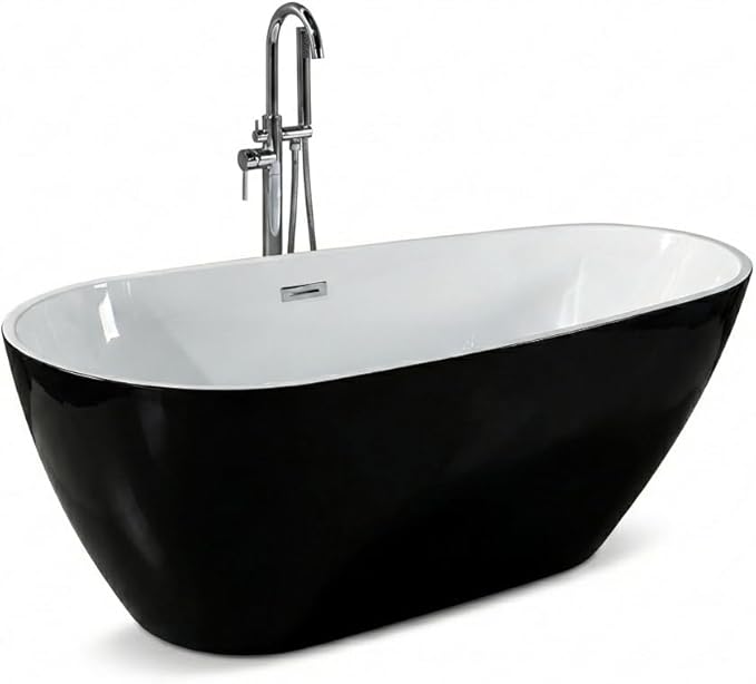 59 Inch Acrylic Freestanding Bathtub, Acrylic Soaking Bathtub with Matte Drain and Overflow, Modern Square Tub, CUPC Certified, Deep Ergonomic Design, Double-Walled Insulation, Easy Installation