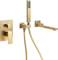 Wall Mounted Bathtub Faucet with Handheld Shower, Solid Brass 180° Swivel Bathroom Tub Filler Faucet with Hand Shower Modern Single Handle Tub Faucet Set, Brushed Gold