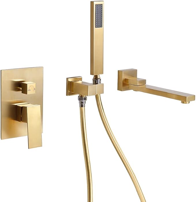 Wall Mounted Bathtub Faucet with Handheld Shower, Solid Brass 180° Swivel Bathroom Tub Filler Faucet with Hand Shower Modern Single Handle Tub Faucet Set, Brushed Gold