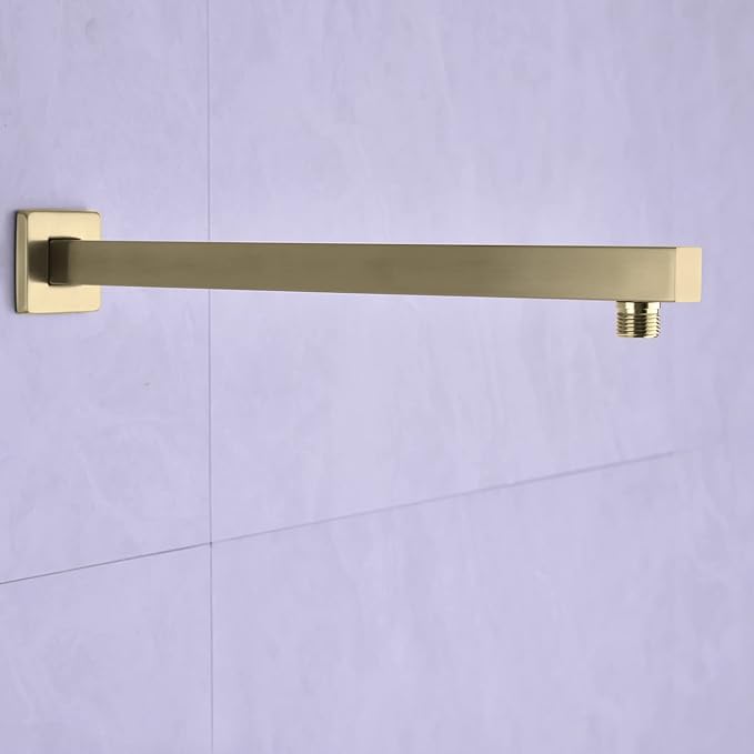 Square Shower Arm with Flange in Brushed Brass 16 Inch Wall Mounted Rainfall Shower Head Extension Arm, Stainless Steel, Brushed Gold