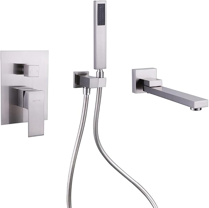 Wall Mounted Bathtub Faucet with Handheld Shower, Solid Brass 180° Swivel Bathroom Tub Filler Faucet with Hand Shower Modern Single Handle Tub Faucet Set, Brushed Nickel
