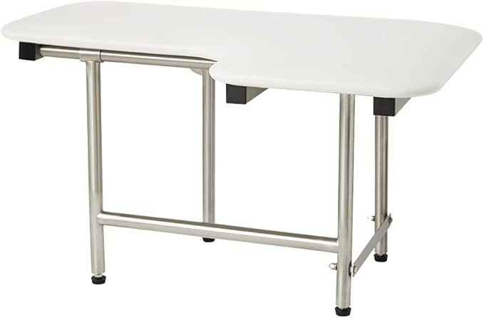 28" x 22.5" White Padded Wall Mount Folding Left-Handed Transfer Bench Shower Seat with Legs, ADA Compliant