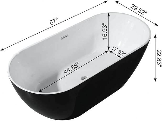 67" Deep Soaking Bathtub, Non-Slip Acrylic Tub with Chrome Drain, CUPC Certified, Ergonomic Modern Bath for Bathrooms, Easy-Install, Black Symmetrical