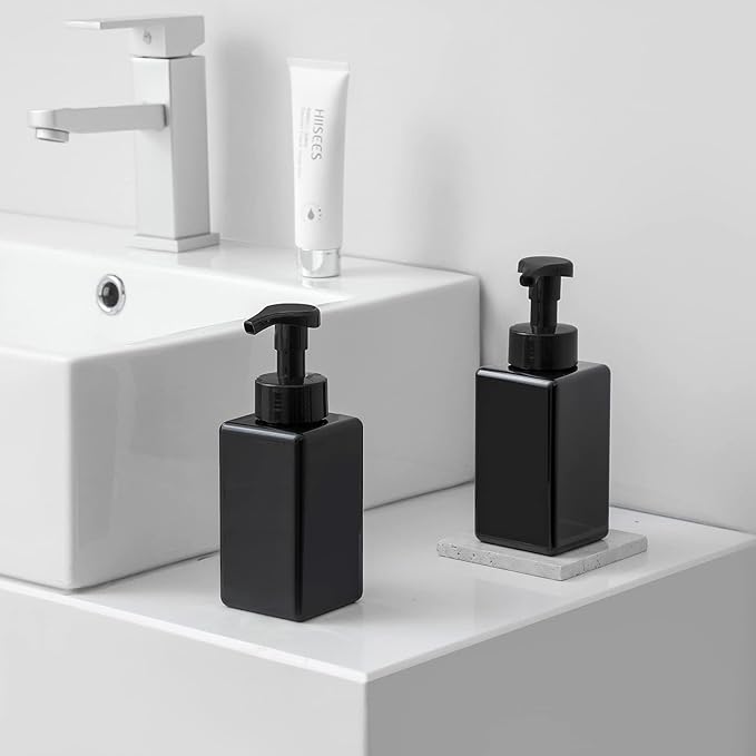 UUJOLY Foaming Soap Dispenser, 22oz Refillable Pump Bottle Plastic for Liquid Soap, Shampoo, Body Wash, 4 Pcs, Black