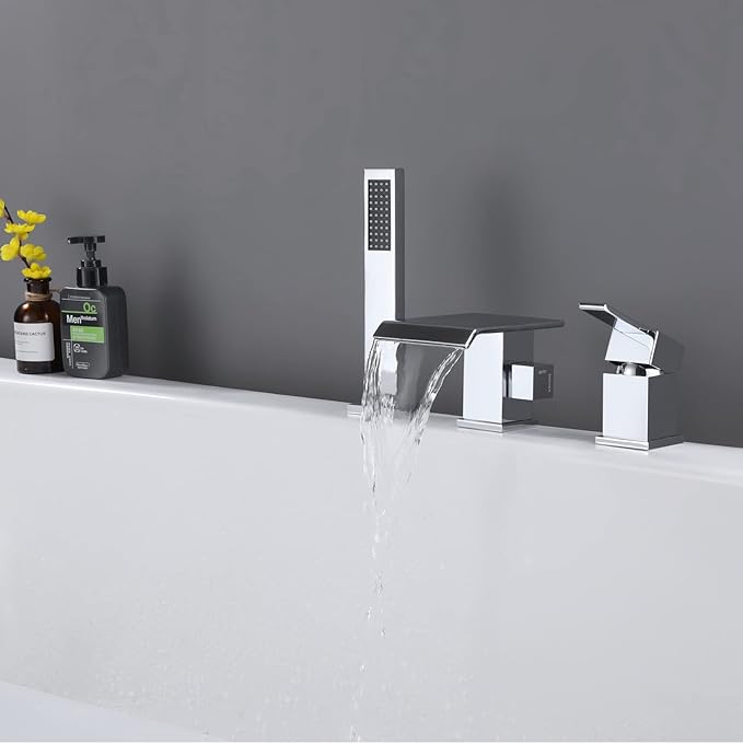 TapLong Modern Roman Tub Faucet with Hand Shower, Waterfall Deck Mount Bathtub Filler Faucet with Sprayer, Widespread 3 Holes Tub Shower Faucet Set in Polished Chrome, 02763CH