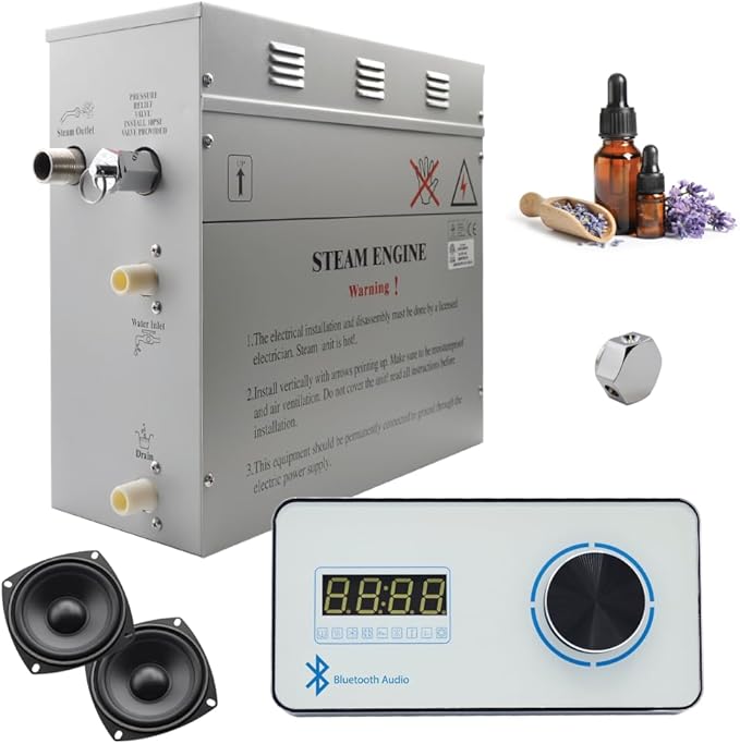 Superior Encore Plus 6kW Steam Shower Generator Kit with Horizontal White Keypad & Aromatherapy Oils Set |Self-Draining Steam Generator|One-click Connection Cord|Bluetooth Audio|