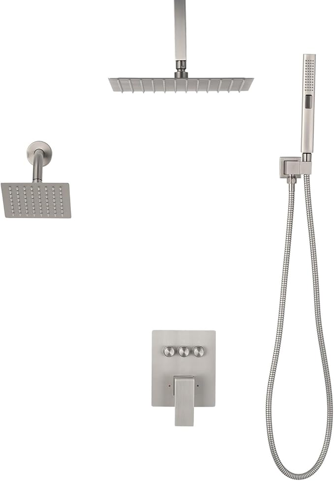 VEVOR Shower Faucet Set, 10 Inch Ceiling Mount Rainfall Shower System with 6 Inch Wall Mount Head and 2 in 1 Handheld Spray, Rotatable 3-Function Dual Rain Head Brass Valve & Trim Kit, Brushed Nickel