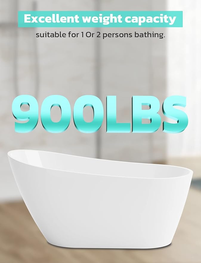 55 Inch Acrylic Freestanding Bathtub, Glossy White Contemporary Soaking Tub with Silver Toe-Tap Pop-Up Chrome Drain, Integrated Slotted Brushed Nickel Overflow, 55 Gal cUPC Certified Tub