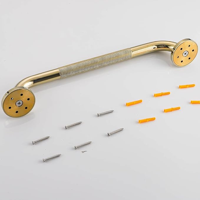 Textured Shower Grab Bar, 12-Inch Bathroom Support Rails, Stylish Safety Armrest Hand Rail, Polished Brass/Gold Finish, Good for Senior, Kids, Elderly