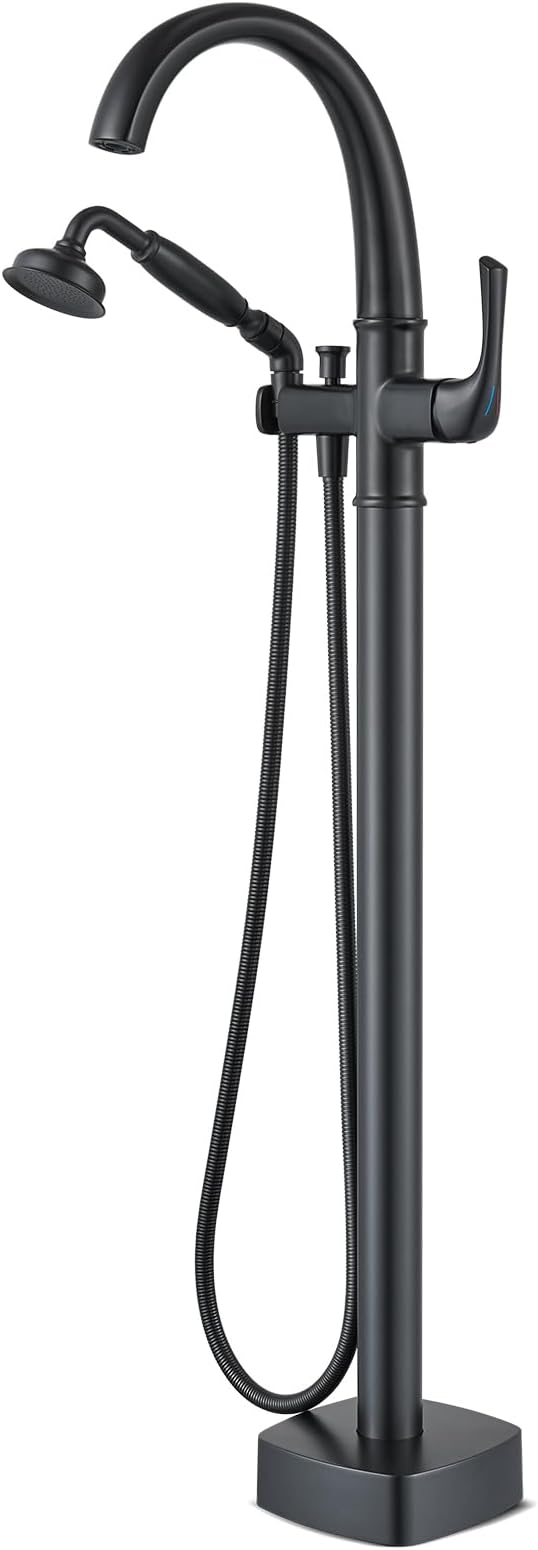 Free Standing Tub Faucet, Hanallx Luxury Matte Black Freestanding Bathtub Faucet with Sprayer, Premium Brass High Flow Rate Floor Mount Tub Filler Swivel Spout, Roman Tub Faucet Set（HM88011-BK）