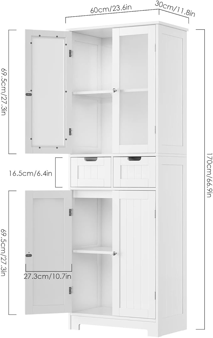 HORSTORS 67" Tall Bathroom Storage Cabinet, Freestanding Linen Cabinet with Glass Door and Shelves, Kitchen Pantry with 2 Drawers for Bathroom, Living Room, Dining Room, Office, White
