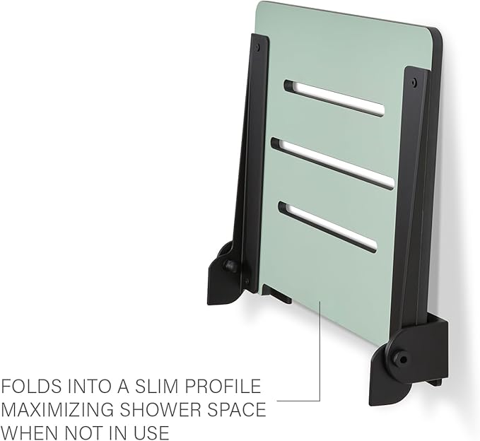 18 inch Silhouette Slimline Folding Wall Mount Shower Bench Seat, Sea Green Seat with Matte Black Frame