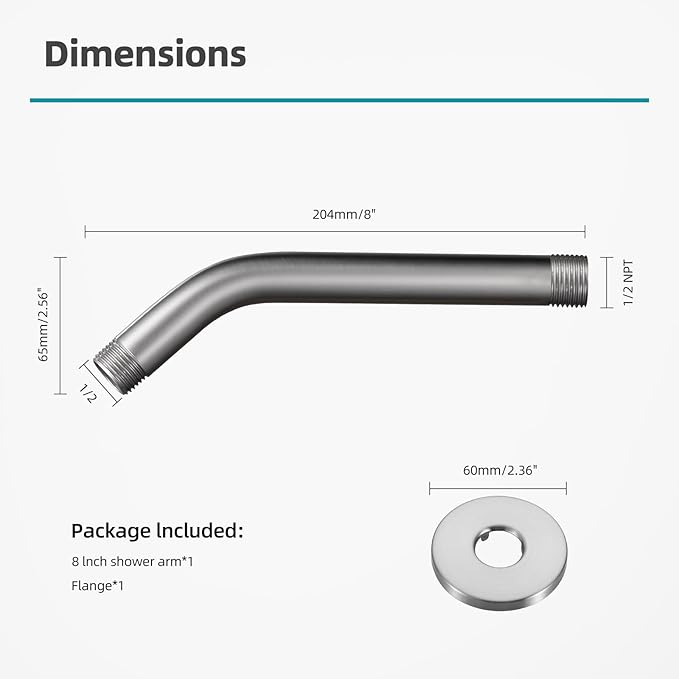 Cobbe Shower Arm with Flange and Teflon Tape, 8-Inches Wall Mounted Shower Pipe Arm 304 Stainless Steel Extension for Fixed Shower Head, Brushed Nickel