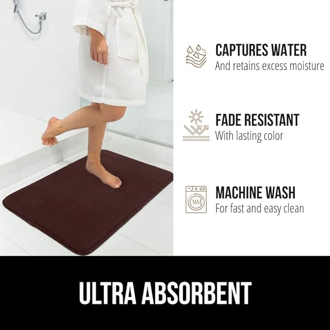 GORILLA GRIP Memory Foam Bath Mat, Soft Absorbent Velvet Bathroom Mats, Durable Dots on Underside, Machine Washable Bathmat, Carpet Rug Room Decor for Shower Tub Floor RV, 24x17 Rugs, Brown