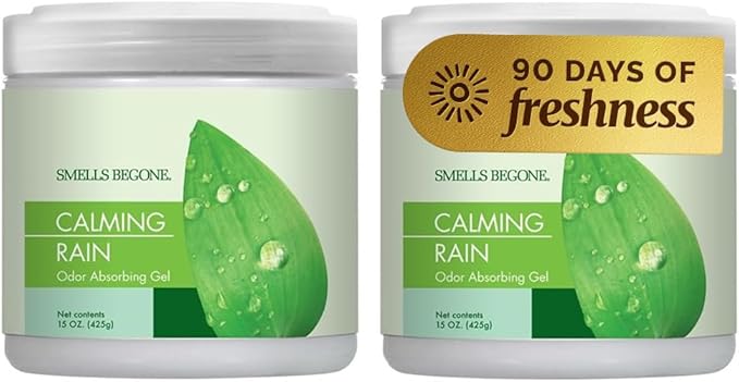 SMELLS BEGONE Air Freshener Odor Absorber Gel - 15 oz, Pack of 2 - Absorbs and Eliminates Odor in Pet Areas, Bathrooms, Cars, & Boats - Made with Essential Oils - Calming Rain Scent