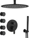 Matte Black Round Shower Faucet Set with Body Jets 10 Inch Shower Head Handheld Shower Combo Set High Pressure Ceiling Mount with Rough-in Valve