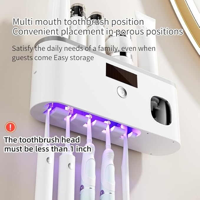 Toothbrush Holders for Bathrooms, Toothbrush Holder Wall Mounted with Toothpaste Dispenser Bathroom Solar Charging and No Drilling Required Tooth Brush Holder with 5 Brush Slots（Black）
