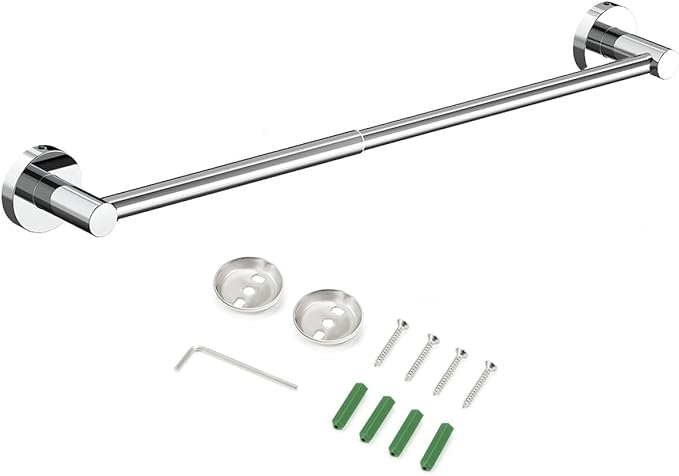 JiePai Adjustable 18 to 30 Inch Shower Towel Bar for Bathroom, Expandable SUS304 Stainless Steel Bath Towel Holder, Wall Mount with Screws Towel Bar Rod Hotel Style (Screw-in, Chrome)