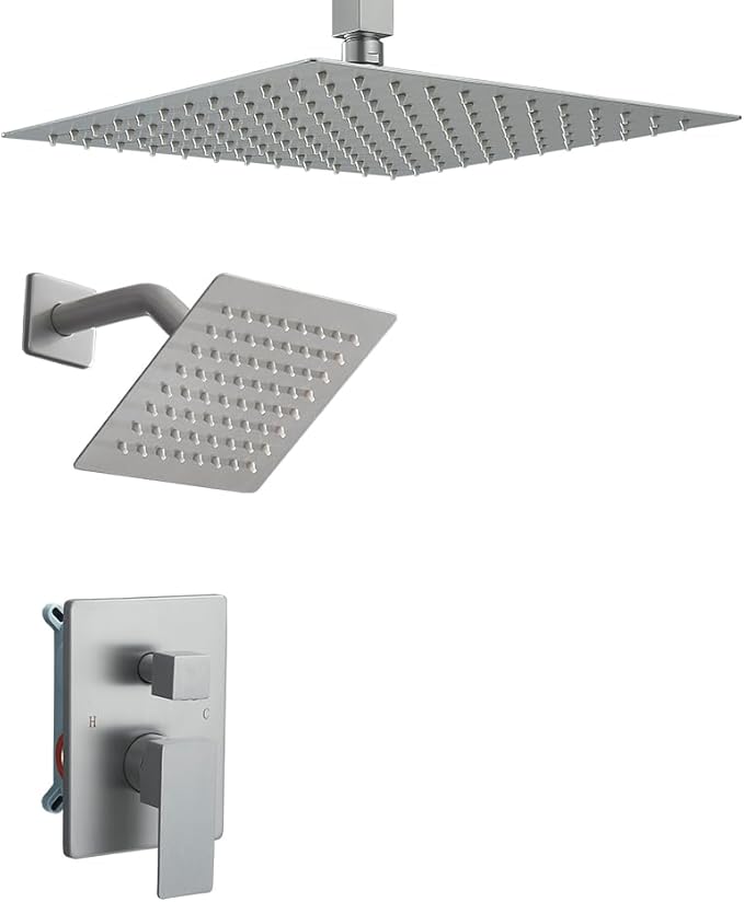Shower Faucet Set Brushed Nickel Shower System, Ceiling Mount 10 Inch Shower Head with 6 Inch Wall Mount Shower Head, Knob Switch Diverter Shower Faucet, Rough-in Valve Body and Trim Included