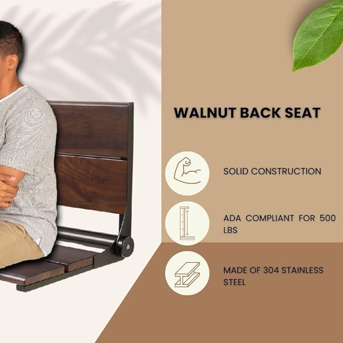 Folding Shower Seat Wall Mounted with Back | 500 lbs Maximum Load Capacity | ADA Compliant Safety Assist Teak Shower Seat for Seniors, Handicapped, and Children | 304 Stainless Steel Frame | 26” x 16”