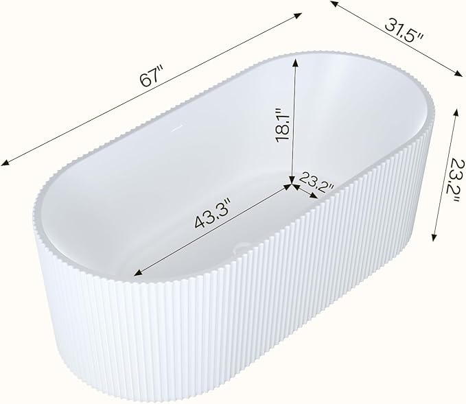 67" Deep Soaking Bathtub, Non-Slip Acrylic Tub with Chrome Drain, CUPC Certified, Ergonomic Modern Bath for Bathrooms, Easy-Install, White Striped