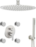 Brushed Nickel Round Shower Faucet Set with Body Jets 12 Inch Shower Head Handheld Shower Combo Set High Pressure Ceiling Mount with Rough-in Valve