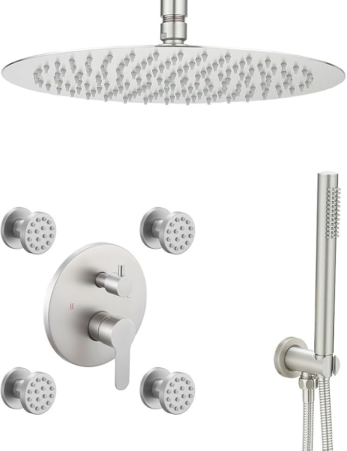 Brushed Nickel Round Shower Faucet Set with Body Jets 12 Inch Shower Head Handheld Shower Combo Set High Pressure Ceiling Mount with Rough-in Valve