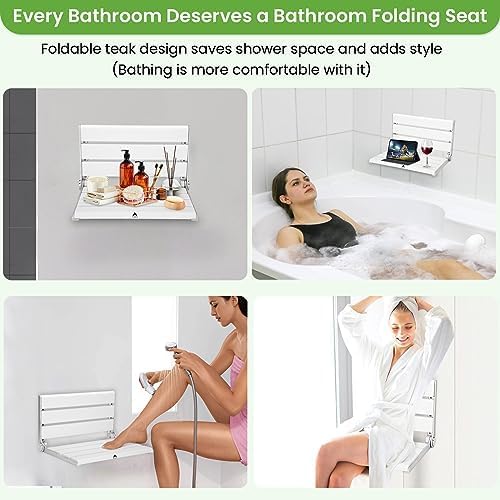 Wall Mounted Shower Seat – 16IN Teak Fold Down Shower Seat for Elderly, Disabled & Pregnant Women – Sturdy Shower Benches for Inside Shower with 400LB Capacity – 2025 Premium White Shower Bench