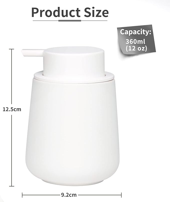 BosilunLife Foam Soap Dispenser - 12 oz Bathroom Lotion Pump, White Ceramic Dish Liquid Dispenser for Kitchen and Hand Wash (Rubber Paint)