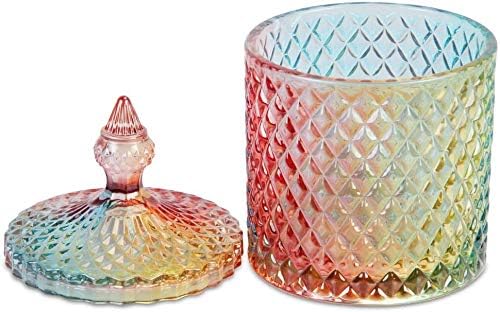 Colorful Home Decorative Jar Qtips Holder Dispenser Glass Storage Container Bathroom Counter Vanity Organizer for Bath Salts/Swabs/Rounds Makeup Sponges Toothpick Jewelry (Rainbow, 10 oz,