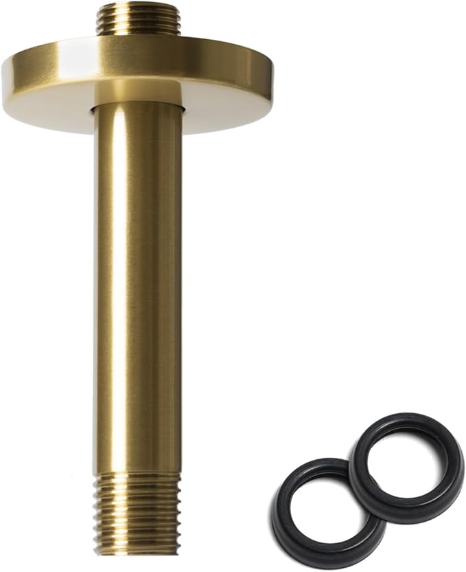 6 Inch Shower Arm with Flange, Ceiling Mounted Shower Head Extension Arm, 1/2 NPT Straight Arm for Rain Shower Head, Stainless Steel Shower Head Extension Replacement Pipe Arm, Brusheed Gold