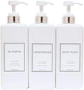 Modern Design Shampoo and Conditioner Dispenser, Large 27oz Shower Soap Dispenser, Set of 3 Refillable Empty Plastic Pump Bottles for Bathroom (6 Waterproof Labels Included), White & Silver