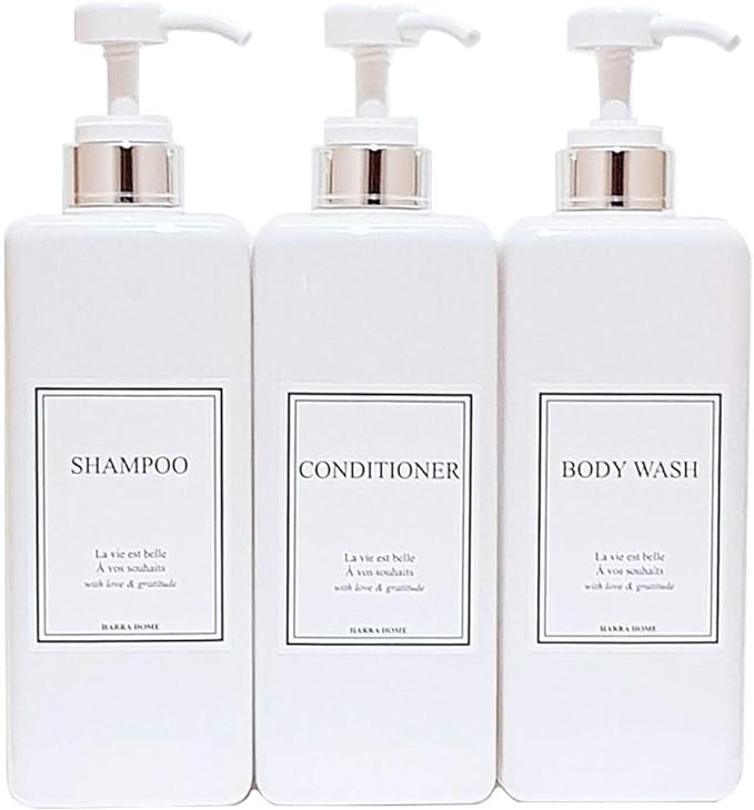 Modern Design Shampoo and Conditioner Dispenser, Large 27oz Shower Soap Dispenser, Set of 3 Refillable Empty Plastic Pump Bottles for Bathroom (6 Waterproof Labels Included), White & Silver