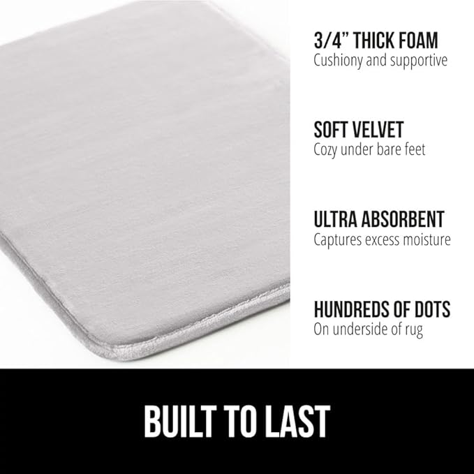 GORILLA GRIP Memory Foam Bath Rugs, Soft Absorbent Velvet Bathroom Mats, Durable Dots on Underside, Machine Washable Bathmat, Carpet Rug Room Decor for Shower Floor, 60x24 Mat, Light Gray