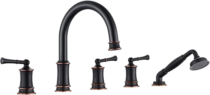 Roman Tub Faucet with Hand Shower, Antique Tub Shower Faucet Set with Valve for 5 Hole, Deck Mount Shower Tub Faucet Set，3 Handle Bath Tub Faucet High Flow, Oil Rubbed Bronze(B2309-ORB)