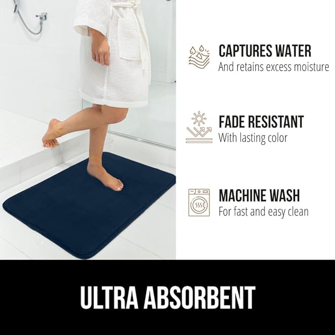 GORILLA GRIP Memory Foam Bath Rugs, Soft Absorbent Velvet Bathroom Mats, Durable Dots on Underside, Machine Washable Bathmat, Carpet Rug Room Decor for Shower Floor, 48x24 Mat, Navy Blue