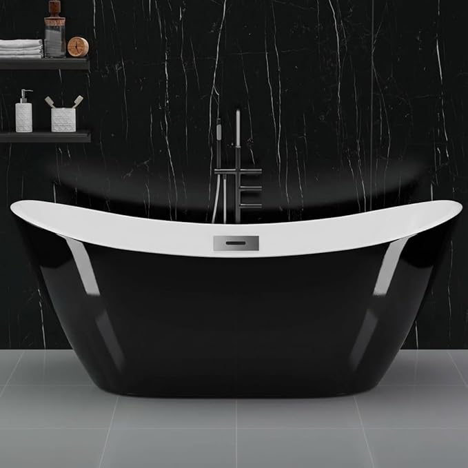 59 Inch Acrylic Freestanding Bathtub, Acrylic Soaking Bathtub with Matte Drain and Overflow, Modern Square Tub, CUPC Certified, Deep Ergonomic Design, Double-Walled Insulation, Easy Installation