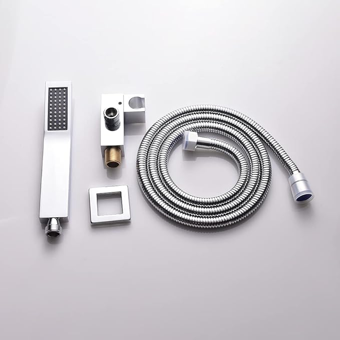 Shower Head Handheld Combo Set With Long Hose Bathroom Brass High Pressure Square All Metal Rainfall Massager Hand Held Shower Head With Bracket Holder, Chrome