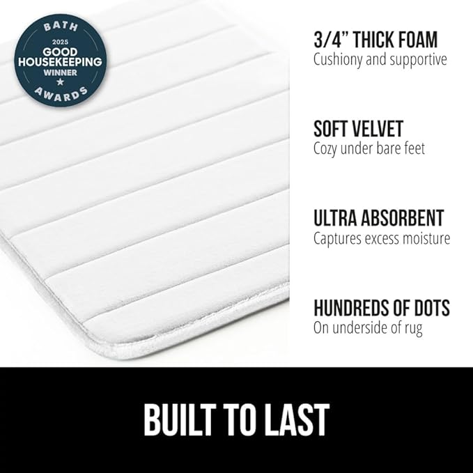 GORILLA GRIP Memory Foam Bath Mat, Soft Absorbent US Designed Bathroom Rug, Gripping Dots Machine Washable Bathmat, Cushioned Floor Mats, Shower Sink Rugs Room Décor Accessories, 36x24 White