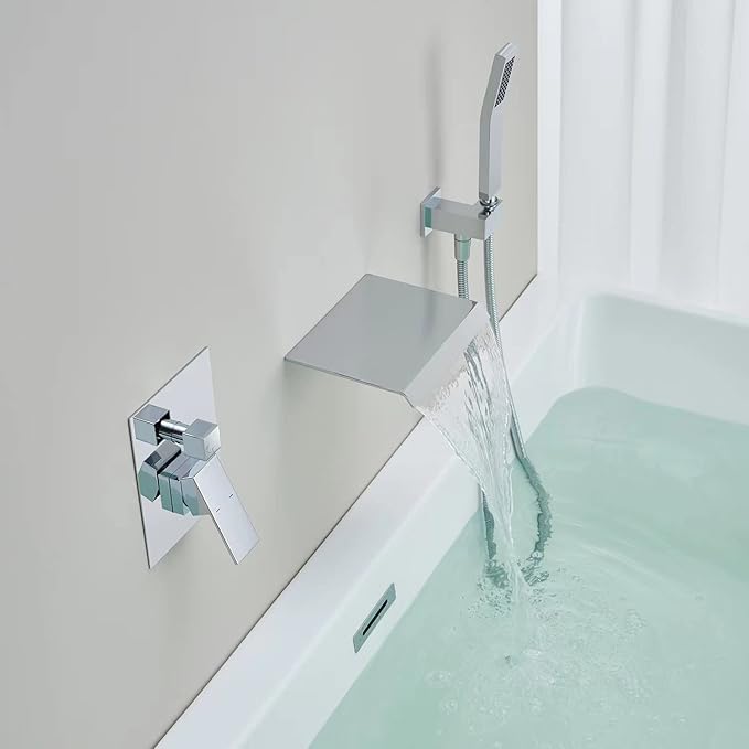 Wall Mount Tub Filler Waterfall Tub Faucet Chrome Bathtub Faucet Brass Single Handle Bathroom Faucet with Hand Shower