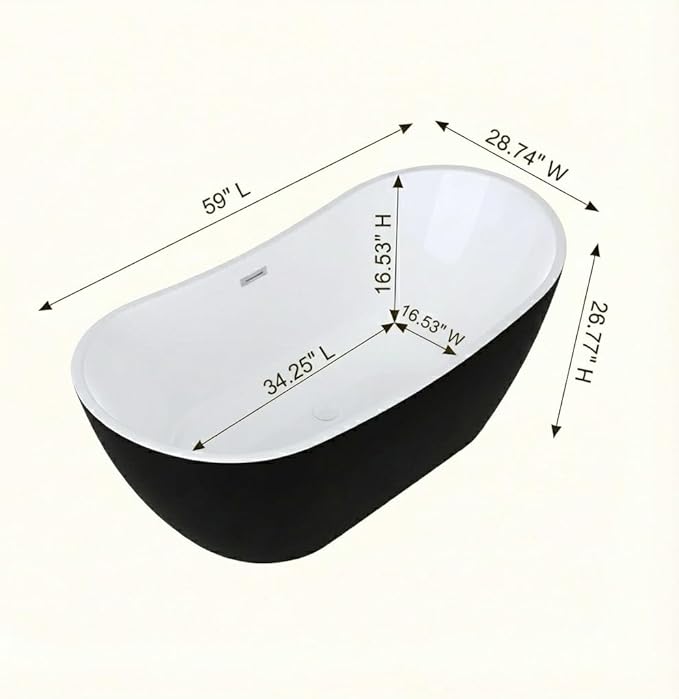 59" Deep Soaking Bathtub, Non-Slip Acrylic Tub with Chrome Drain, CUPC Certified, Ergonomic Modern Bath for Bathrooms, Easy-Install, Black Ingot