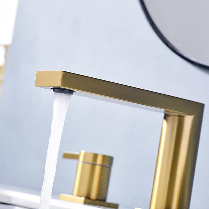 Luxury Brass Widespread Bathroom Sink Faucets with Copper Valve for 3 Hole 2-Handle 8 Inch Deck Bathroom Vanity Faucet, &Stainless Steel Pop-up Drain Assembly, Brushed Brass Gold