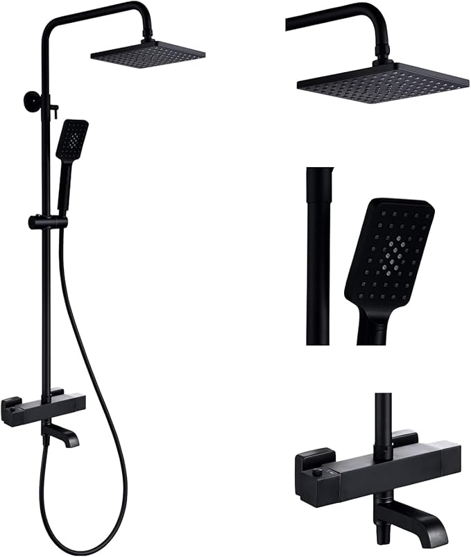 Outdoor Shower Faucet Set 8" Square Shower Head 3 Function Thermostatic Rainfall Shower Fixtures, Handheld Sprayer Tub Spout with Constant Temperature with Height Adjustable Slide Bar