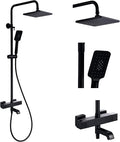 Outdoor Shower Faucet Set 8" Square Shower Head 3 Function Thermostatic Rainfall Shower Fixtures, Handheld Sprayer Tub Spout with Constant Temperature with Height Adjustable Slide Bar