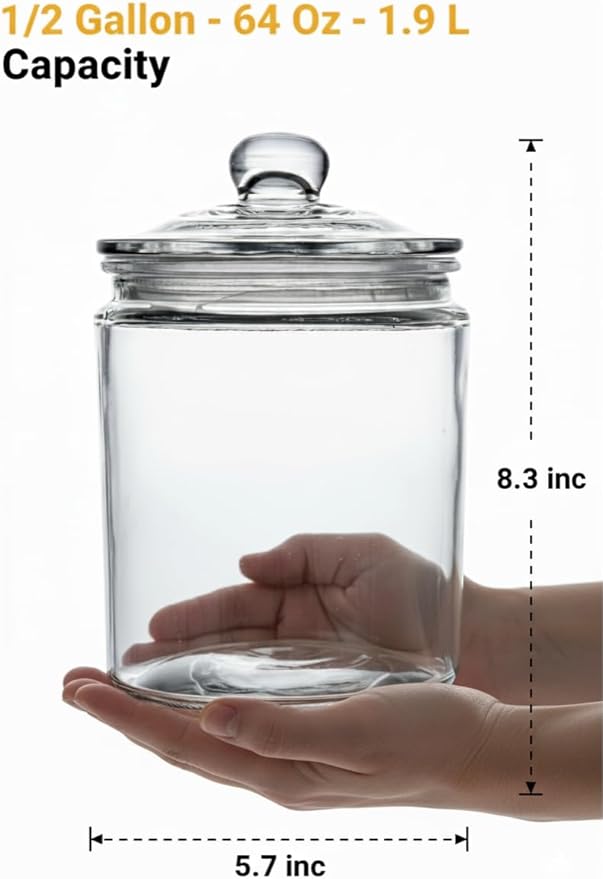 1/2 Gallon Glass Jar Airtight With Lid - Extra Gasket - Glass Canisters With Lids, Wide Mouth, 64 oz Glass Cookie jar, Candy Jar, Dog Treats, Sugar, Food, Kitchen Storage and Laundry Room